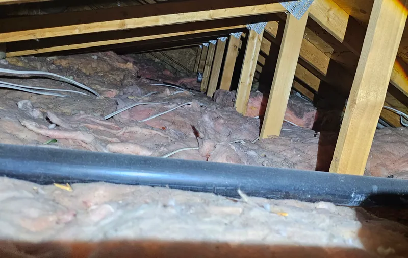 Grenier avant les travaux : vieilles nattes de laine rose, tassées et salies, entre les fermes de toit, câbles électriques et tuyau noir au premier plan