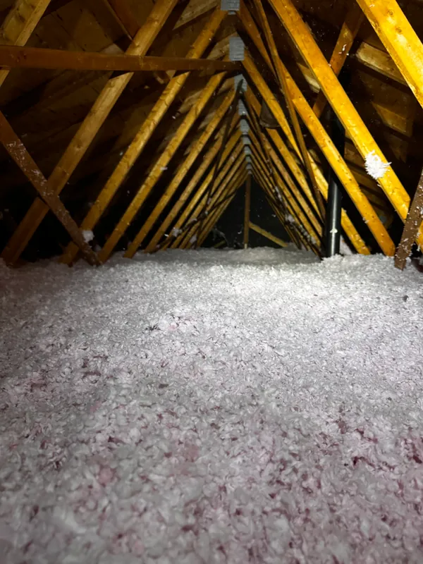 Grenier après les travaux : fibre de verre soufflée blanc rosé, épaisse et uniforme, sur toute la longueur du grenier sous le faîte